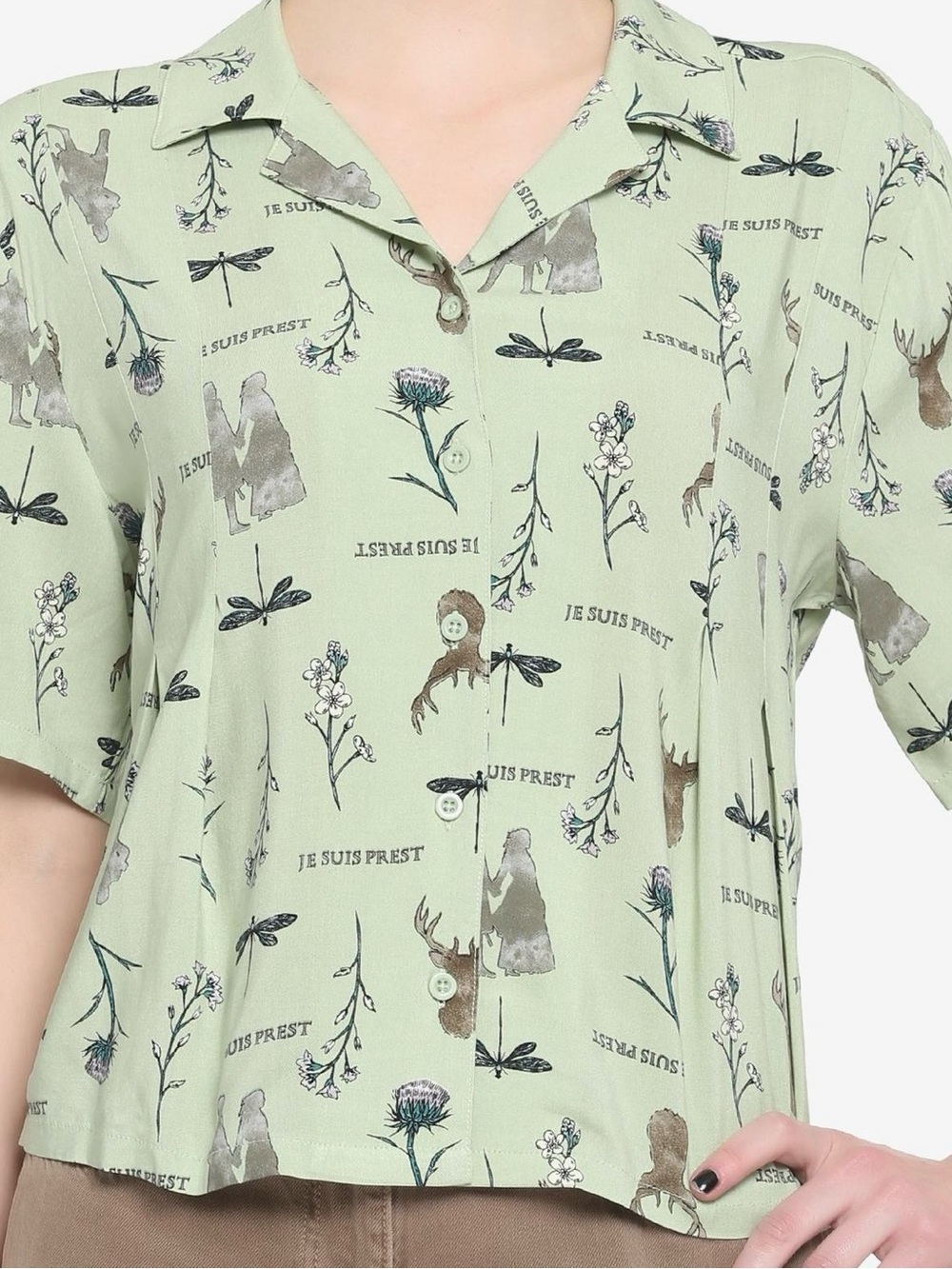 Hot Topic Outlander Floral Woven Button-Up Size 2XL Thistle Deer Dragonfly Green